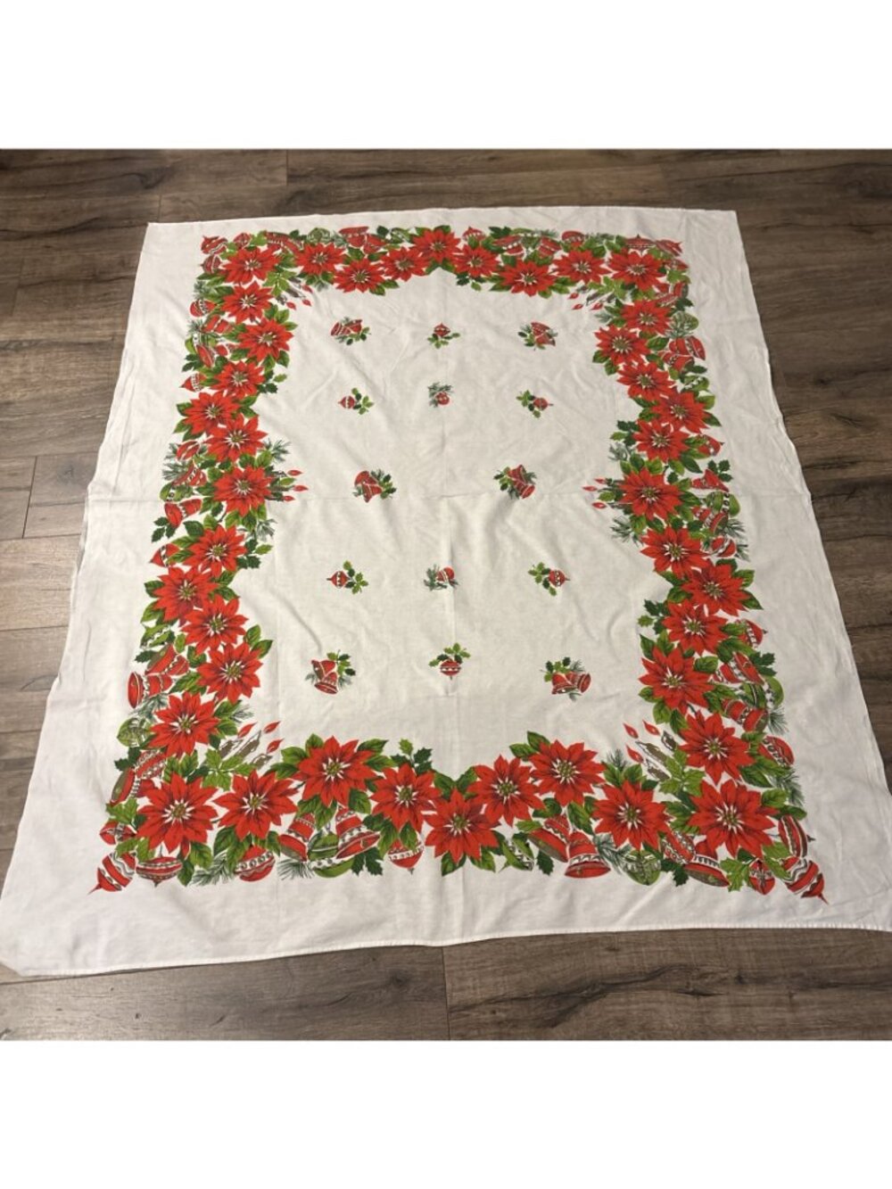 Vintage Christmas Poinsettia Ornament Bells Linen Tablecloth Rectangle 65” x 54" - Picture 3 of 6